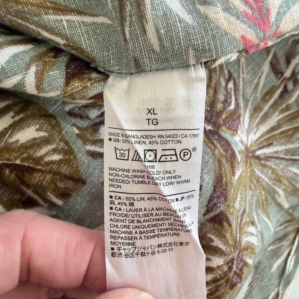 Banana Republic Mens XL Slim Fit Linen Tropical Palm Leaf Print Shirt Green